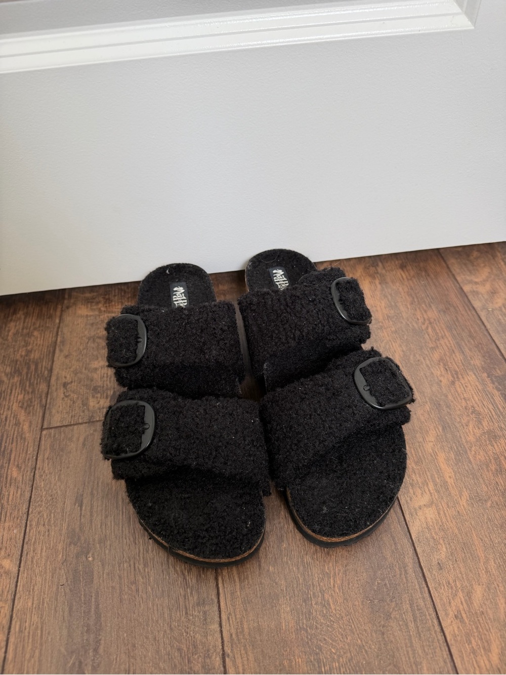 Kids Black Fuzzy Double-Strap Sandals